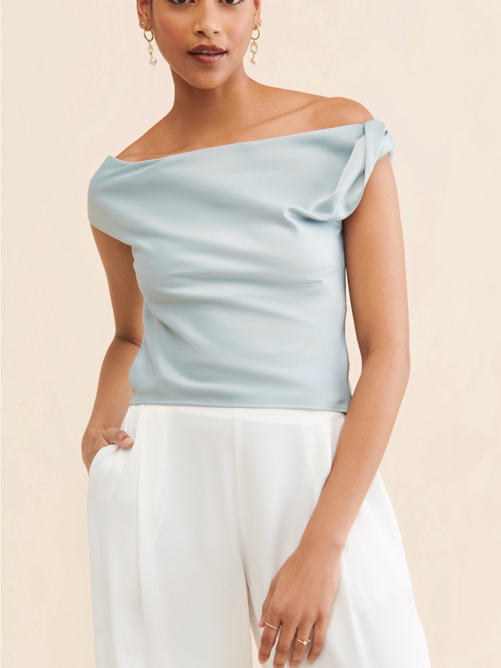 Wayf Off-Shoulder Draped Camisole in Light Blue